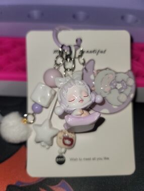 NWT-  Cusrom Skull Panda Themed Cute Lavender Sleeping Girl Keychain Charm